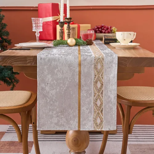 Vista 7 de Camino de mesa, lujo de lentejuelas de terciopelo con tira de plumas doradas con purpurina, cocina de temporada, comedor, decoración del hogar