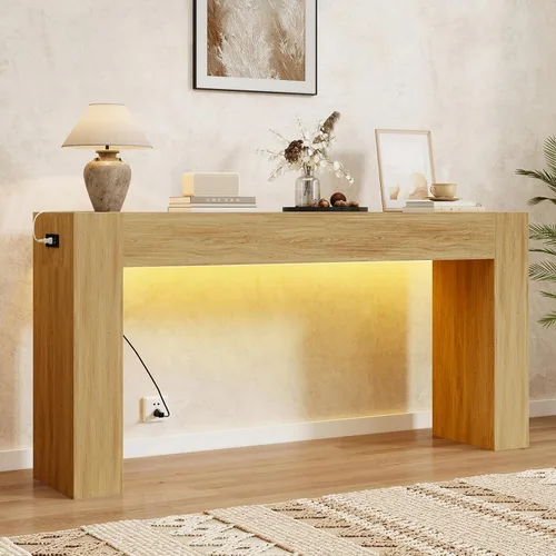 Vista 10 de 63-Inch Farmhouse Console Sofa Table with Power Outlets & LED Lights