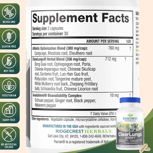 Vista 3 de RidgeCrest Herbals ClearLungs Sport para oxigenación, resistencia y rendimiento atlético - 60 cápsulas veganas