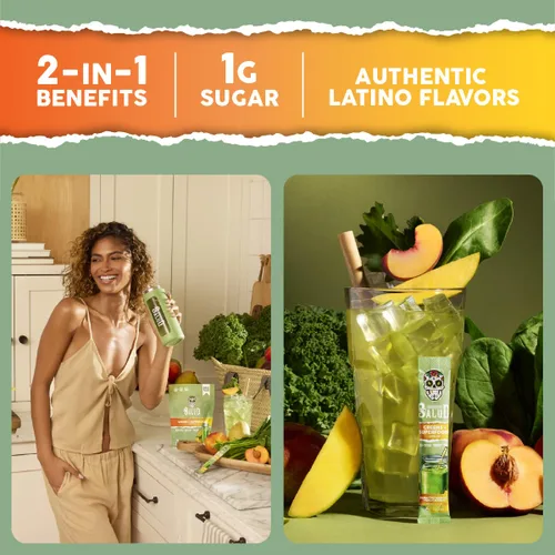 Vista 4 de Salud - Paquete de 2 paquetes de mezcla de bebidas verdes 2 en 1 en polvo + superalimentos, durazno mango y fresa lima, 15 porciones cada una, más