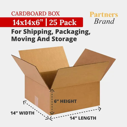 Vista 2 de PARTNERS BRAND Cajas de cartón corrugado de 14 x 14 x 6, planas de 14 pulgadas de largo x 14 pulgadas de ancho x 6 pulgadas de alto, paquete de 25