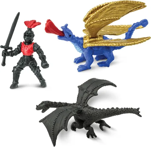 Vista 4 de Safari Ltd Knights & Dragons TOOB - 9 mini figuras con caballeros, Drake, Tiamat, Wyvern y Peluda Dragon, figuras de juguete para niños, niñas
