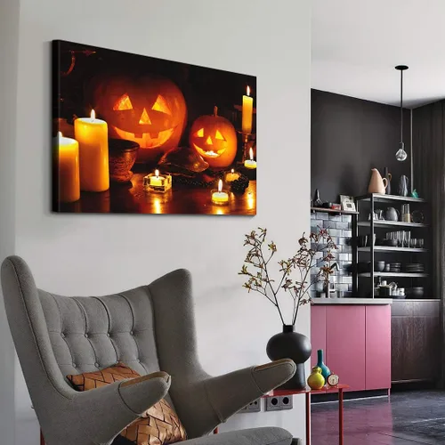 Vista 4 de Denozer - Decoración de pared de calabaza de Halloween, pósteres de regalo, decoración del hogar, arte de pared, imágenes en lienzo HD, estiradas