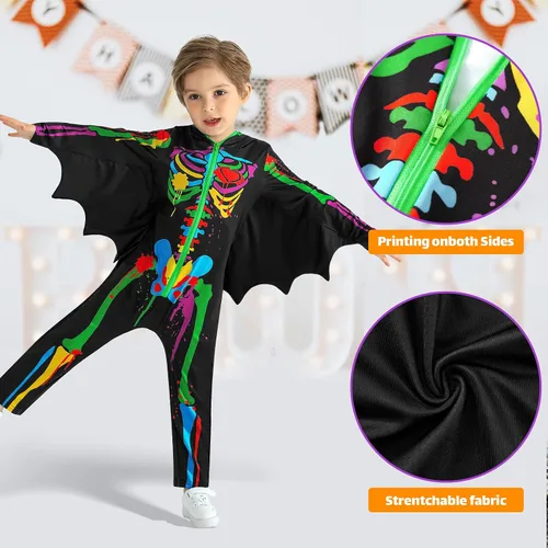 Vista 3 de SYNPOS Disfraz de esqueleto de Halloween para niños pequeños, disfraz de huesos de calavera aterradora, traje llamativo en la oscuridad para niños
