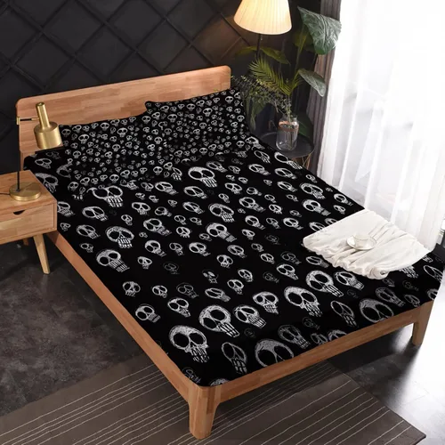 Vista 3 de NOGAWA Juego de sábanas góticas tamaño individual XL, sábanas de esqueleto, sábanas y fundas de almohada estampadas de 3 piezas, sábana bajera
