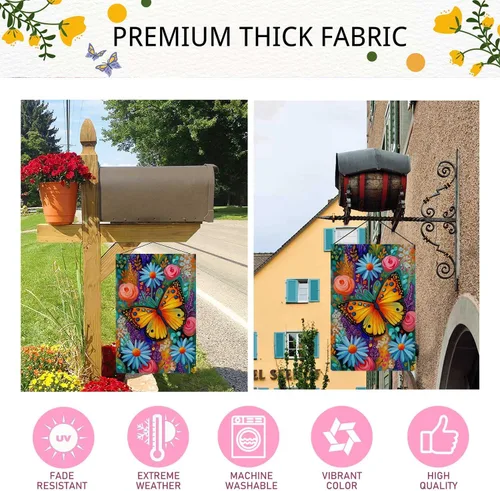Vista 7 de Bandera de jardín de mariposa para primavera y verano, floral, bandera de jardín, vertical, de doble cara, rústica, arpillera, patio, césped