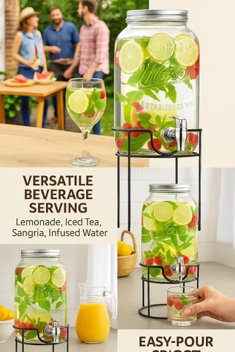 Vista 3 de Royalty Art Mason Jar - Dispensador de bebidas de vidrio con soporte, 1 galón de vidrio en relieve sin BPA, tapa plateada, soporte de metal negro