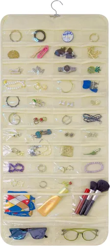 Vista 14 de Bloss Organizador colgante de joyas con 80 bolsillos, colgador de joyas de doble cara para almacenamiento de joyas y aretes, organizadores de joyas