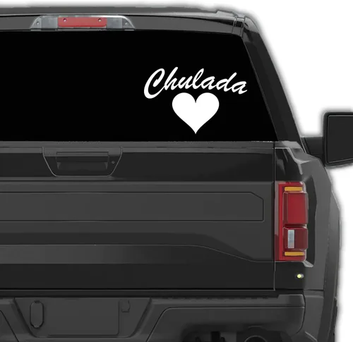 Vista 2 de Calcomanía de vinilo Chulada con corazón para trocas o carro, calcomanía española para computadora de regalo (5 x 3.25 pulgadas, morado)