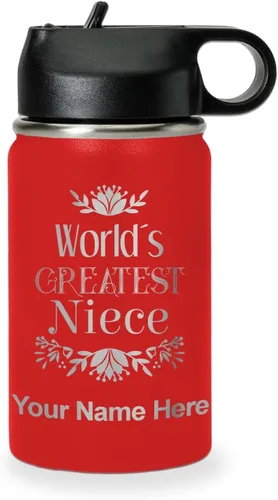Vista 10 de LaserGram Botella de agua con tapa abatible de doble pared de 12 onzas con pajilla, sobrina más grande del mundo, grabado personalizado incluido