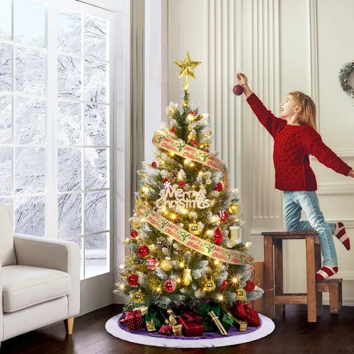 Vista 2 de Árbol de Navidad Artificial Preiluminado de 4.5 Pies, Árbol de Pino de Navidad con Piñas, 150 LEDs y 352 Puntas - Soporte con Bisagras, Árboles