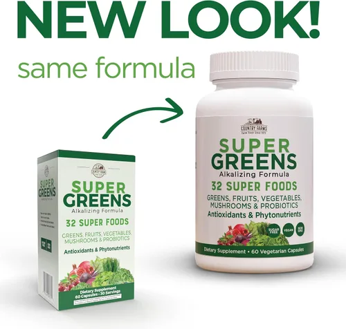 Vista 3 de COUNTRY FARMS Super Greens Vegicaps, 32 súper alimentos, suplemento de alimentos integrales, verduras, frutas, vegetales, hongos y probióticos, rico