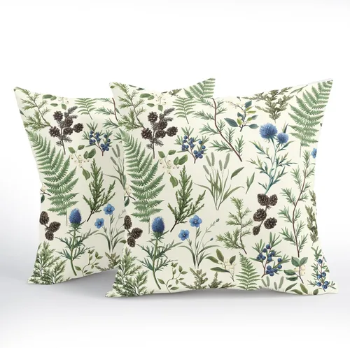Vista 2 de Fundas de cojín decorativas primavera-verano 40x40 cm, juego de 2 fundas de cojín verdes con flores botánicas, fundas de cojín decorativas para Aqua