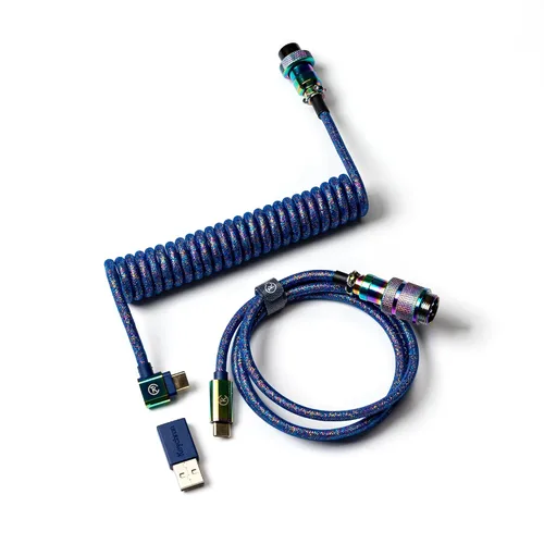 Vista 10 de Keychron Cable morado en ángulo USB-C en espiral premium, conector de metal desmontable GX16 de 5 pines, adaptador USB-A, diseño de doble manga