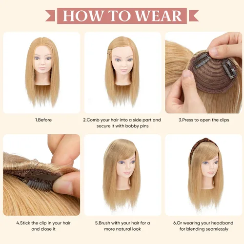 Vista 7 de SARLA Flequillo lateral negro marrón con clip en piezas de cabello sintético, extensión de flequillo recto para mujeres