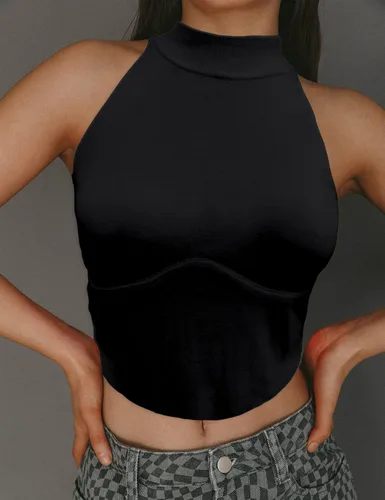 Vista 3 de Shermia Camiseta corta sexy sin mangas con cuello halter para mujer, espalda cruzada, de punto suave, ajustada