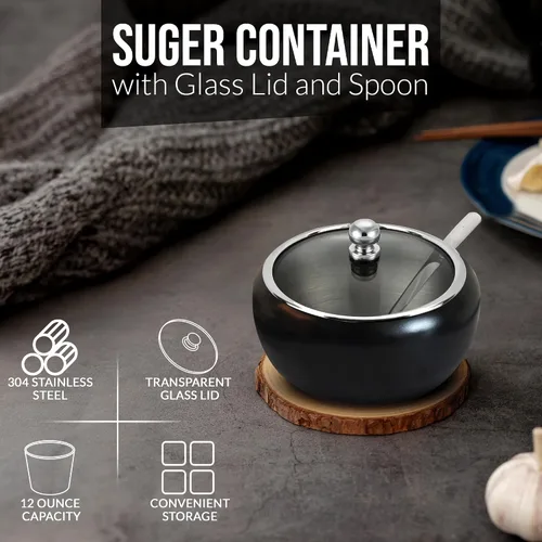 Vista 4 de Azucarero con tapa y cuchara Recipiente de azúcar de 12oz para barra de café Frasco portasal, té, caramelos, azúcar en cubo, azúcar moreno, ghee