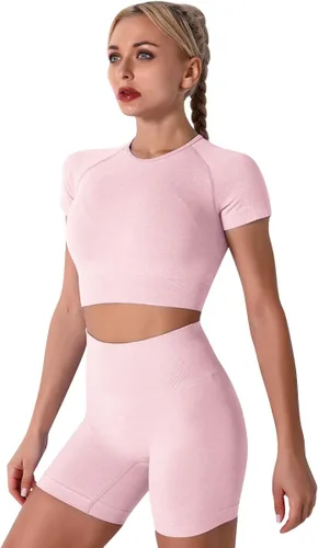 Vista 6 de Conjunto de 3 piezas de yoga sin costuras para mujer, camiseta corta de manga corta, brasier deportivo para gimnasio, cintura alta, pantalones