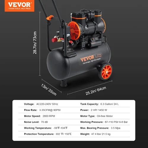 Vista 7 de VEVOR Compresor de aire de 6.3 galones, compresores de aire de 2 HP 3.35 CFM@90PSI con presión máxima de 116PSI, tanque de compresor sin aceite