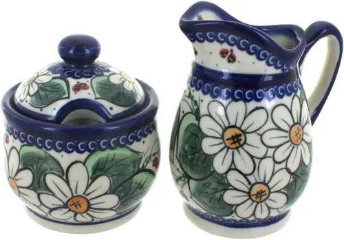 Vista 8 de Set de crema y azúcar de flor de manzana y cerámica polaca de rosa azul