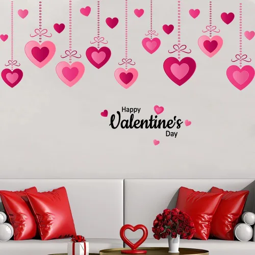 Vista 2 de Calcomanías de pared rosa para el día de San Valentín, calcomanías colgantes de corazón para despegar y pegar, decoración romántica de pared