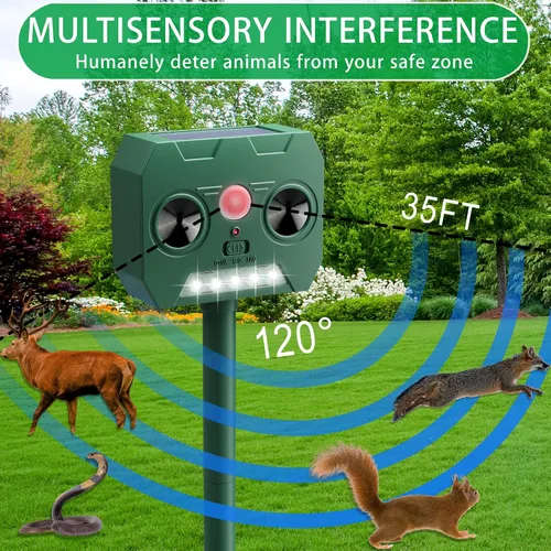 Vista 2 de Repelente ultrasónico de animales, dispositivos repelentes de ciervos para exteriores, alimentado por energía solar, detección de movimiento