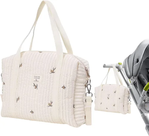 Vista 11 de Bolsa de pañales de algodón para bebé, bolsa de pañales de gran capacidad, bolsa de almacenamiento para cochecito de bebé, bolsa de almacenamiento
