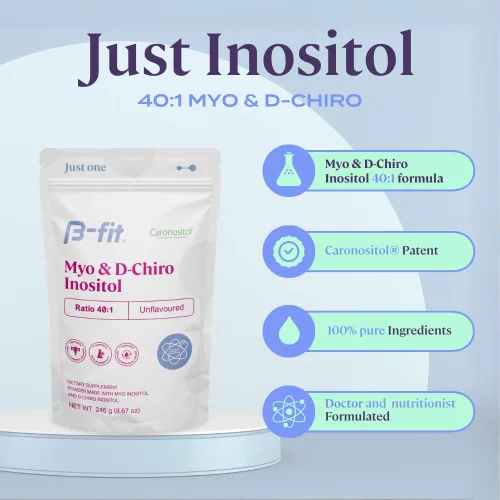 Vista 3 de B-fit Suplemento de inositol para mujeres - Myo & D-Chiro Inositol 40:1 para un equilibrio hormonal óptimo y apoyo a la ovulación - 60 porciones