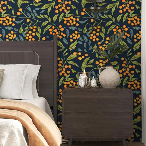 Vista 4 de BOKEBEVE Papel Tapiz Azul Naranja Verde Despegar y Pegar Hojas Bohemias Florales Papel de Contacto Removible Impermeable para Pegar en Paredes