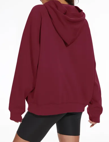 Vista 3 de Lauweion - Sudadera básica lisa de ajuste holgado con forro polar, capucha, mangas largas, hombro caído y bolsillo tipo canguro para mujer