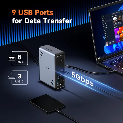 Vista 11 de TobenONE Estación de acoplamiento para laptop 18 en 1, 3 monitores, pantalla triple 4K con 3 HDMI, 9 puertos USB, Gigabit Ethernet, PD3.0