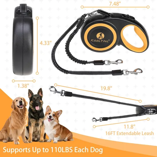 Vista 7 de KOOLTAIL Correa retráctil doble para perros de hasta 110 libras, resistente de doble cabeza de 16 pies, extensible a 360°, sin enredos, un botón
