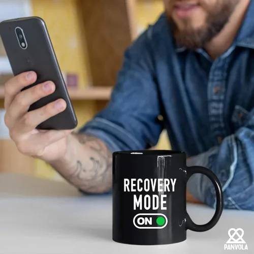 Vista 6 de Taza de café Recovery Mode On Get Well de regalo para pacientes, regalos inspiradores motivacionales para familiares y amigos, vaso de cerámica Negro