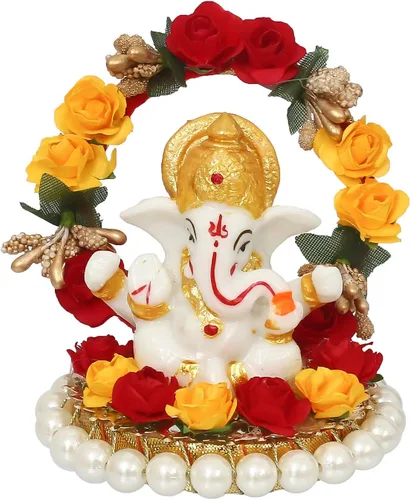 Vista 3 de eCraftIndia Lord Ganesha Idol en plato decorativo hecho a mano para el hogar y el automóvil