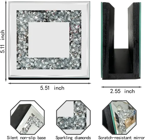Vista 3 de Servilletero de diamante triturado de cristal, soporte vertical cuadrado con espejo, bonito soporte de servilleta de espejo de vidrio para mesa