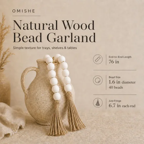 Vista 15 de OMISHE Guirnalda de cuentas de madera extra grande con cuentas de madera y borlas de 1.6 pulgadas de diámetro, cuentas decorativas rústicas de 41