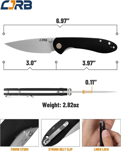 Vista 2 de Cuchillo plegable de bolsillo CJRB Feldspar Stonewash, con hoja de acero D2, mango táctico G10, para uso diario, mango negro (J1912) Liner Lock