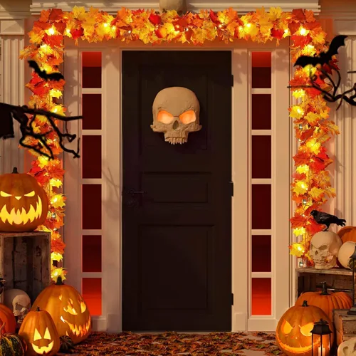 Vista 7 de Paquete de 2 guirnaldas de hojas de otoño con luces, funciona con pilas, decoración de Acción de Gracias Extra Long 23.6Ft Maple Garland with