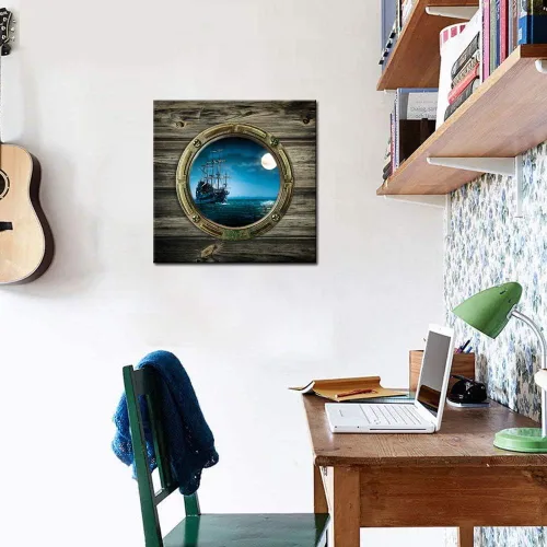 Vista 5 de Biuteawal - Lienzo con vista nocturna de luna llena, vista de ventana del océano, arte de pared, barco de vela, pintura de paisaje marino, obras