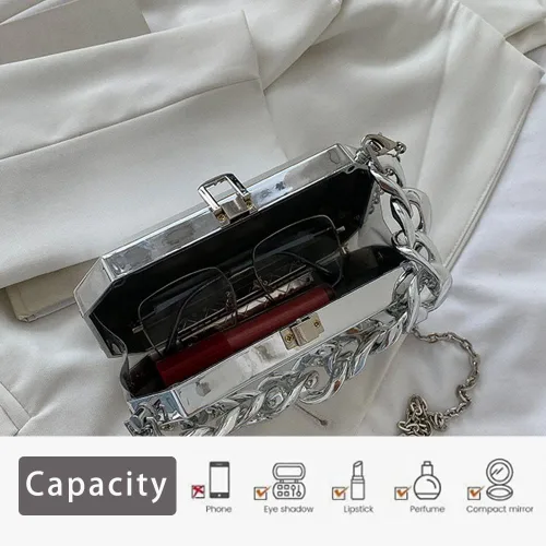Vista 5 de Ladies Evening Clutch Vintage Purse Glitter Acrylic Chain Rectangle Metal Bucket Bag Women Handbags Party Wedding