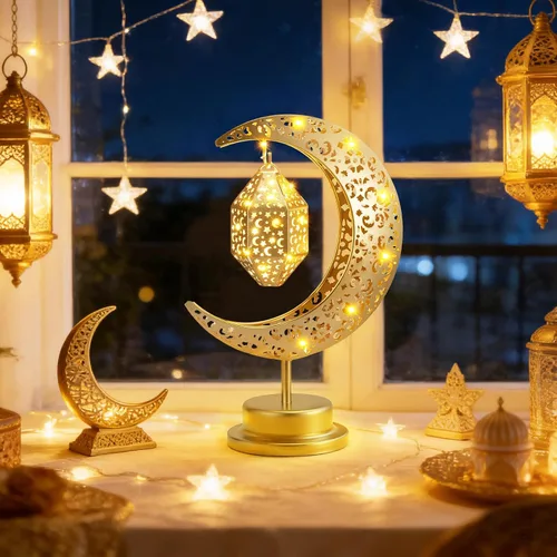 Vista 7 de Luxspire Lámpara de luna de Ramadán, luna creciente y estrella, luces de Ramadán, decoraciones para el hogar, decoración de Eid Mubarak, faroles