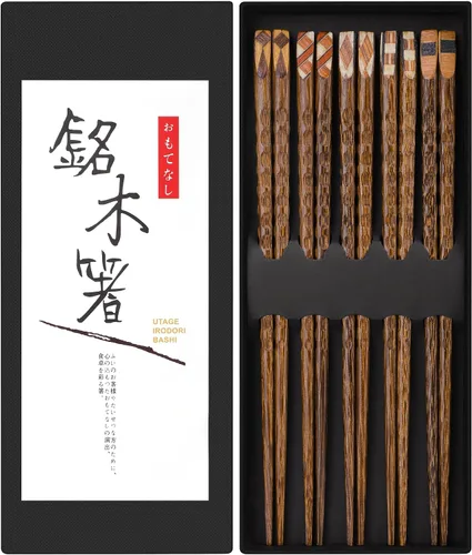 Vista 8 de Antner 5 pares de palillos de bambú reutilizables, exquisitos palillos de estilo japonés con caja negra para sushi, ramen, olla caliente y comedor