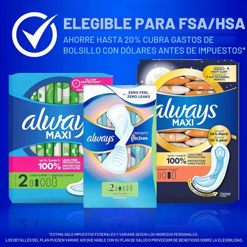 Vista 9 de Always Maxi - Almohadillas femeninas sin alas para mujer, talla 1, absorción regular, sin perfume, 48