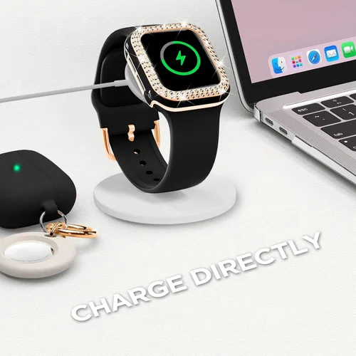 Vista 5 de DABAOZA Compatible con Apple Watch de 1.496 pulgadas con funda de parachoques con purpurina, correa ajustable de silicona negra, suave y cómoda