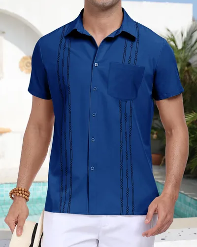 Vista 11 de Camisa de campamento cubano de manga corta para hombre, casual, verano, playa, con botones, guayabera