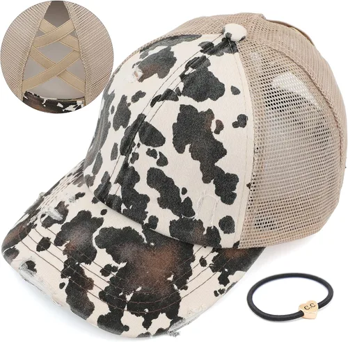 Vista 48 de C.C Gorra de béisbol de malla con diseño de estrella brillante, gorra de camionero ajustable para moño o cola de caballo Una banda elástica-negro