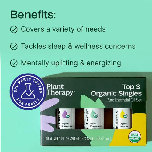 Vista 2 de Plant Therapy Set de los 3 mejores aceites esenciales orgánicos individuales 10 mL (1/3 oz) Limón, Lavanda y Menta 100% aceites esenciales puros
