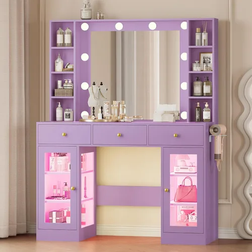 Vista 23 de Wodeer Pequeño escritorio de maquillaje con espejo y luces, tocador con armario de cristal, luces LED y toma de corriente, cajón y gabinetes