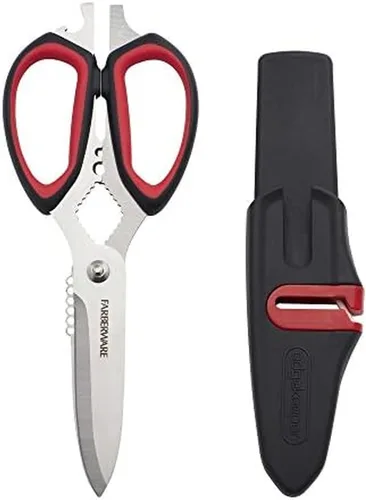 Vista 4 de Farberware Tijeras multiusos y utilitarias con fundas de afilado Edgekeeper, tijeras multiuso fuertes y duraderas, 2 piezas, negro/rojo