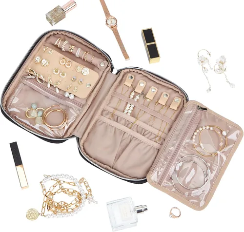 Vista 2 de BELALIFE Organizador de joyas de viaje, estuche portátil de almacenamiento de joyas para aretes, anillos, collares, pulseras, color negro